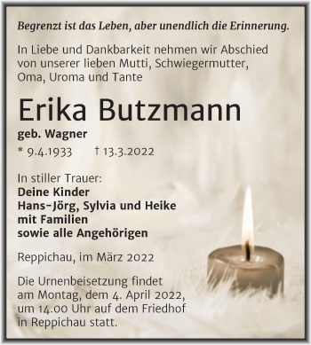 Traueranzeige von Erika Butzmann von Mitteldeutsche Zeitung Köthen