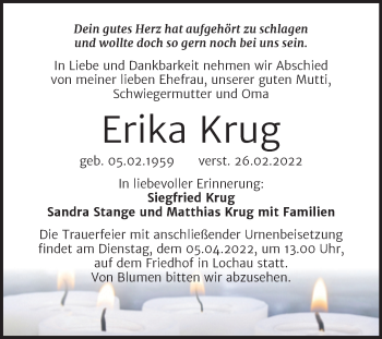 Traueranzeige von Erika Krug von Mitteldeutsche Zeitung Halle/Saalkreis