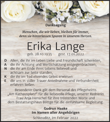 Traueranzeige von Erika Lange von Trauerkombi Weißenfels