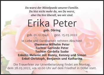Traueranzeige von Erika Peter von Mitteldeutsche Zeitung Halle/Saalkreis