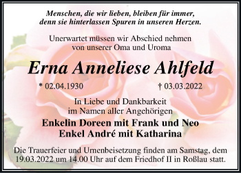 Traueranzeige von Erna Anneliese Ahlfeld von Trauerkombi Dessau