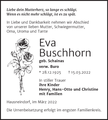 Traueranzeige von Eva Buschhorn von Trauerkombi Quedlinburg