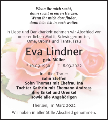 Traueranzeige von Eva Lindner von Trauerkombi Zeitz