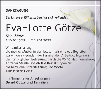 Traueranzeige von Eva-Lotte  Götze von Trauerkombi Dessau