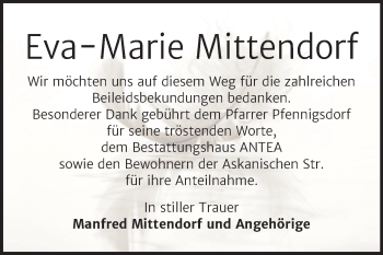 Traueranzeige von Eva-Marie Mittendorf von Trauerkombi Dessau