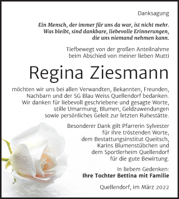 Traueranzeige von Regina Ziesmann von Trauerkombi Köthen