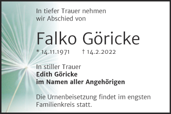 Traueranzeige von Falko Göricke von Mitteldeutsche Zeitung Halle/Saalkreis