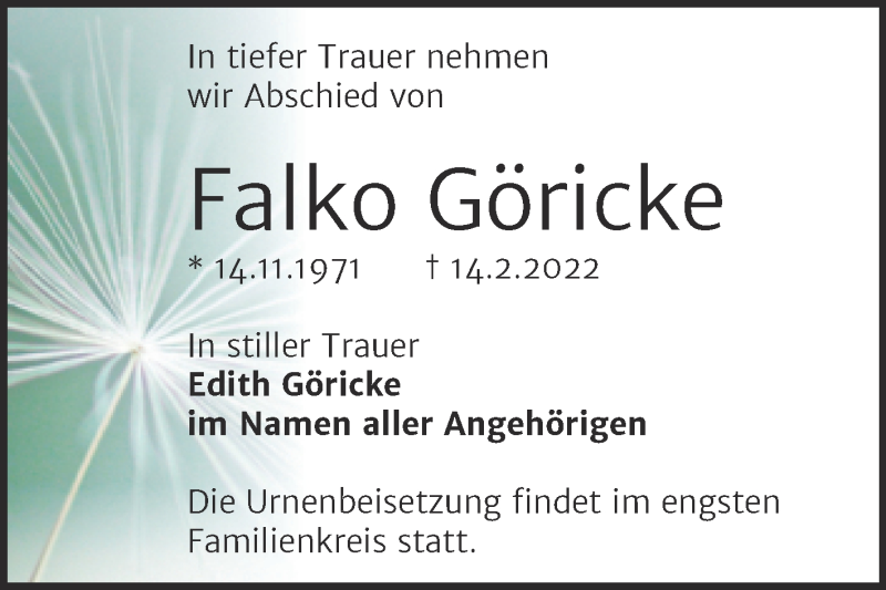  Traueranzeige für Falko Göricke vom 05.03.2022 aus Mitteldeutsche Zeitung Halle/Saalkreis