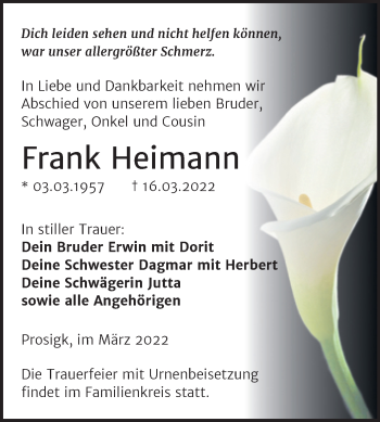 Traueranzeige von Frank Heimann von Trauerkombi Köthen