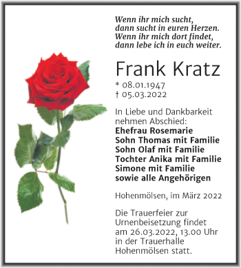 Traueranzeige von Frank Kratz von Trauerkombi Weißenfels