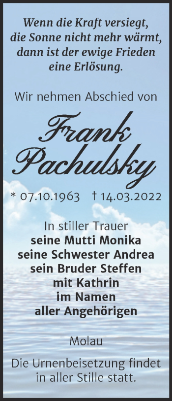 Traueranzeige von Frank Pachulsky von Wochenspiegel Naumburg/Nebra