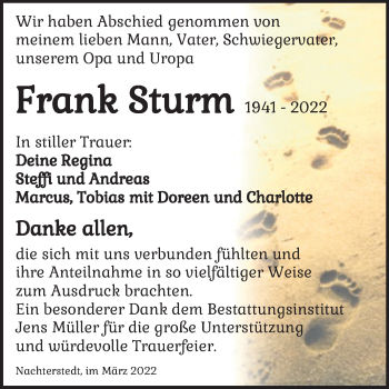 Traueranzeige von Frank Sturm von Trauerkombi Aschersleben