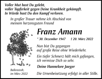 Traueranzeige von Franz Amann von Trauerkombi Quedlinburg