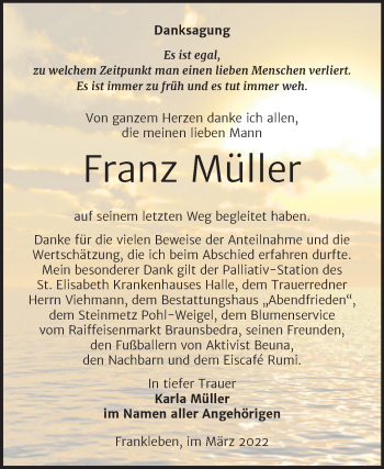 Traueranzeige von Franz Müller von Trauerkombi Merseburg