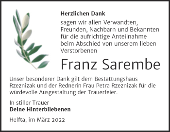 Traueranzeige von Franz Sarembe von Trauerkombi Mansfelder Land