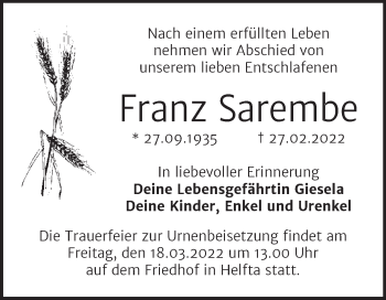 Traueranzeige von Franz Sarembe von Trauerkombi Mansfelder Land