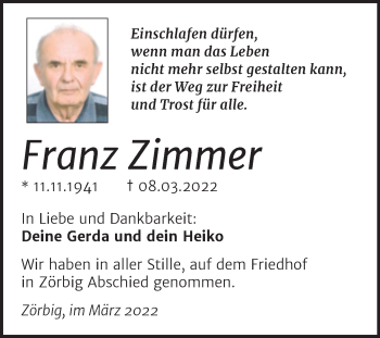 Traueranzeige von Franz Zimmer von Trauerkombi Bitterfeld