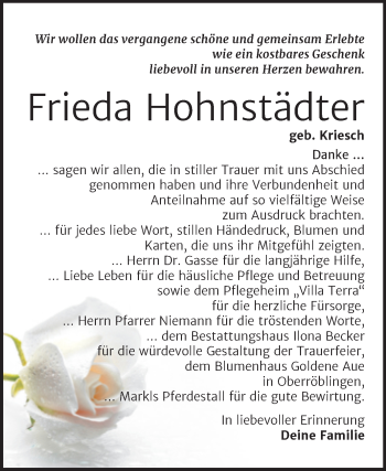 Traueranzeige von Frieda Hohnstädter von Trauerkombi Sangerhausen