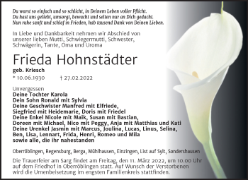 Traueranzeige von Frieda Hohnstädter von Trauerkombi Sangerhausen