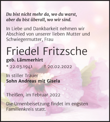 Traueranzeige von Friedel Fritzsche von Trauerkombi Zeitz