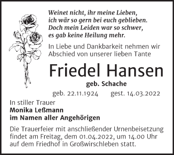 Traueranzeige von Friedel Hansen von Trauerkombi Bernburg