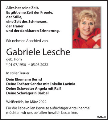 Traueranzeige von Gabriele Lesche von Trauerkombi Weißenfels