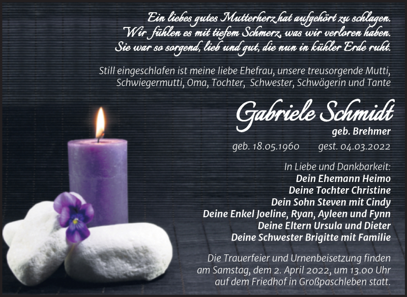  Traueranzeige für Gabriele Schmidt vom 11.03.2022 aus Trauerkombi Köthen