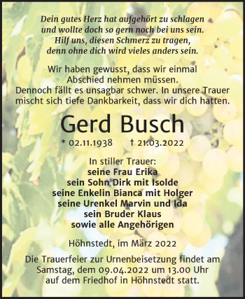 Traueranzeige von Gerd Busch von Mitteldeutsche Zeitung Halle/Saalkreis