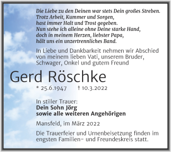 Traueranzeige von Gerd Röschke von Trauerkombi Mansfelder Land