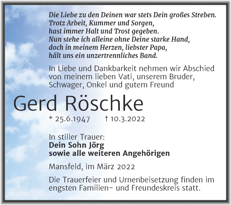  Traueranzeige für Gerd Röschke vom 17.03.2022 aus Trauerkombi Mansfelder Land
