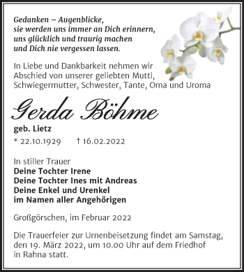 Traueranzeige von Gerda Böhme von Trauerkombi Weißenfels
