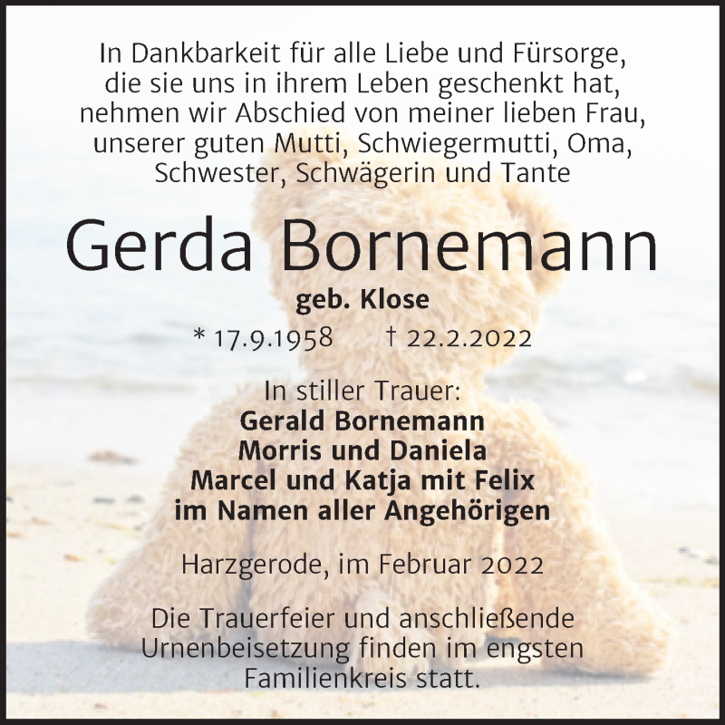  Traueranzeige für Gerda Bornemann vom 05.03.2022 aus Trauerkombi Quedlinburg