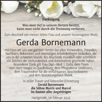 Traueranzeige von Gerda Bornemann von Trauerkombi Quedlinburg