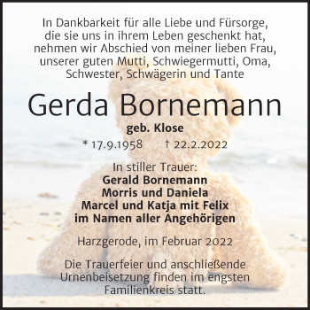 Traueranzeige von Gerda Bornemann von Trauerkombi Quedlinburg