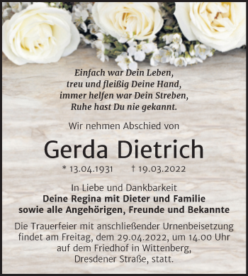 Traueranzeige von Gerda Dietrich von Trauerkombi Wittenberg