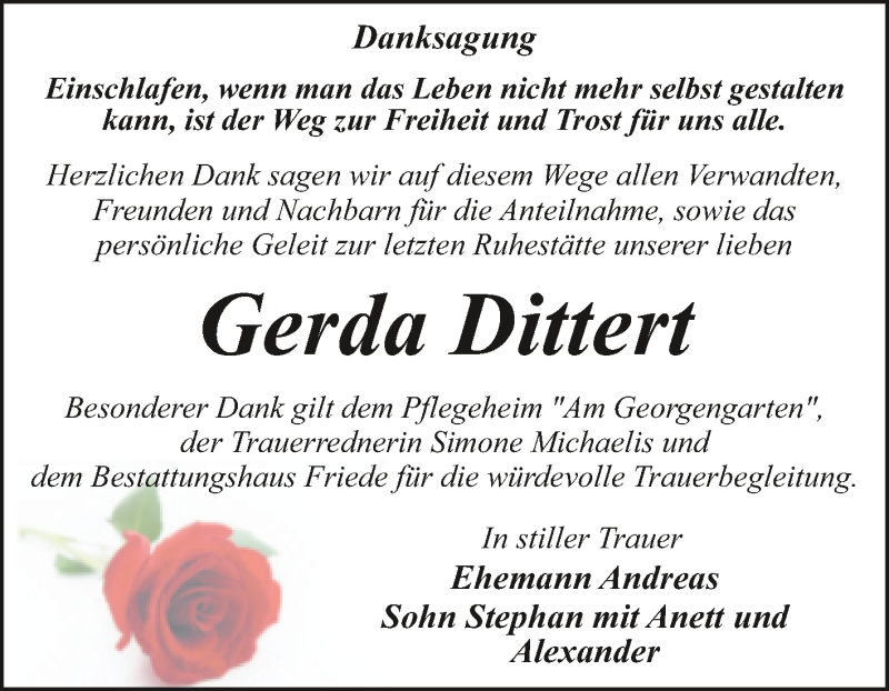  Traueranzeige für Gerda Dittert vom 26.03.2022 aus Trauerkombi Dessau