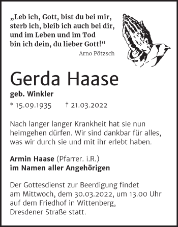 Traueranzeige von Gerda Haase von Trauerkombi Wittenberg
