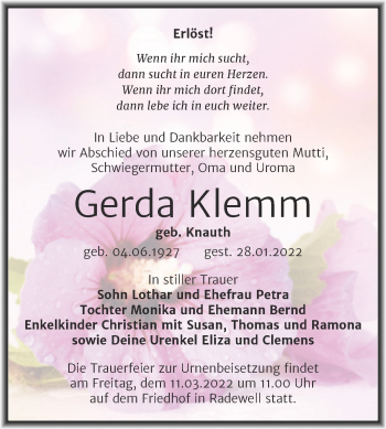 Traueranzeige von Gerda Klemm von Trauerkombi Merseburg