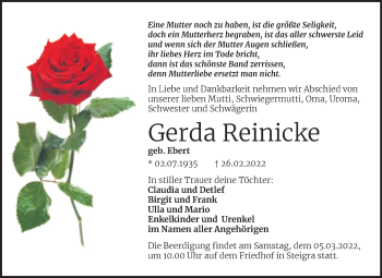 Traueranzeige von Gerda Reinicke von Mitteldeutsche Zeitung Merseburg/Querfurt