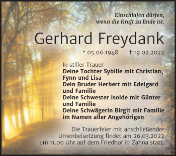 Traueranzeige von Gerhard Freydank von Trauerkombi Wittenberg