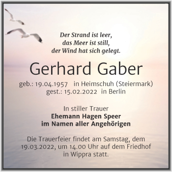 Traueranzeige von Gerhard Gaber von Mitteldeutsche Zeitung Mansfelder Land