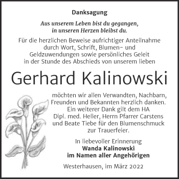 Traueranzeige von Gerhard Kalinowski von Trauerkombi Quedlinburg