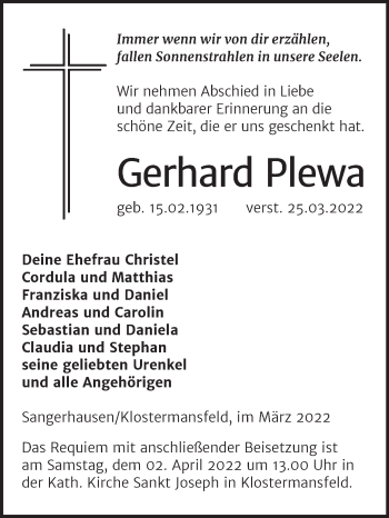 Traueranzeige von Gerhard Plewa von Mitteldeutsche Zeitung Sangerhausen