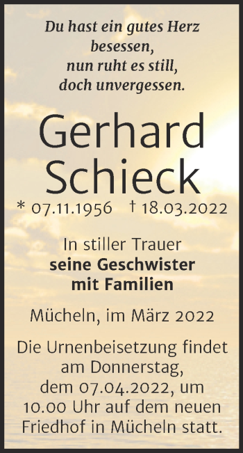 Traueranzeige von Gerhard Schieck von Trauerkombi Merseburg