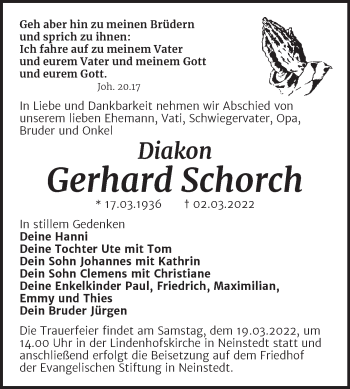 Traueranzeige von Gerhard Schorch von Trauerkombi Quedlinburg