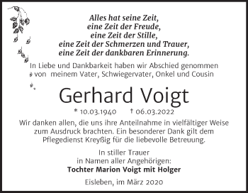 Traueranzeige von Gerhard Voigt von Trauerkombi Mansfelder Land