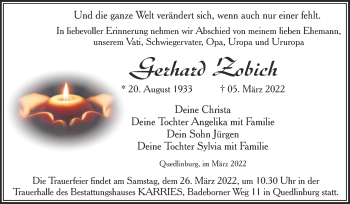 Traueranzeige von Gerhard Zobich von Trauerkombi Quedlinburg