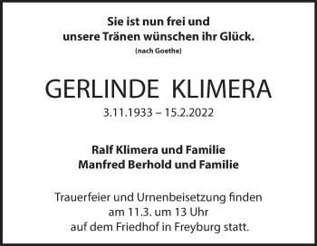 Traueranzeige von Gerlinde Klimera von Wochenspiegel Naumburg/Nebra