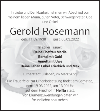 Traueranzeige von Gerold Rosemann von Mitteldeutsche Zeitung Mansfelder Land