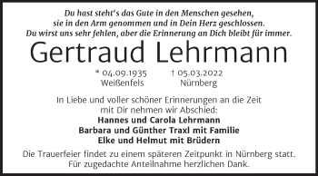 Traueranzeige von Gertraud Lehrmann von Mitteldeutsche Zeitung Weißenfels